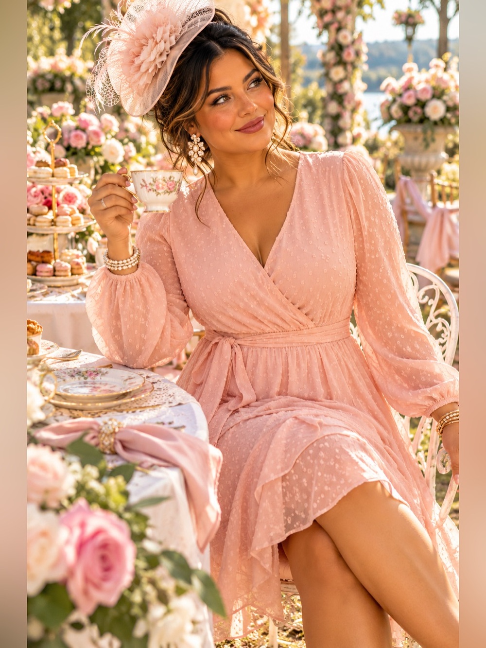 NWOT LC Lauren Conrad M Blush Pink Swiss Dot Wrap Dress Long Sleeve Romantic